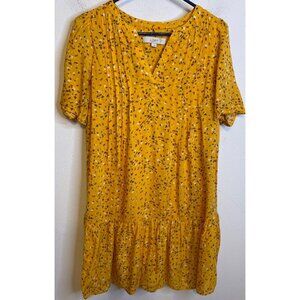 LOFT Yellow Floral Pintuck Flounce Dress Short Sleeve V Neck Lined Dress LARGE